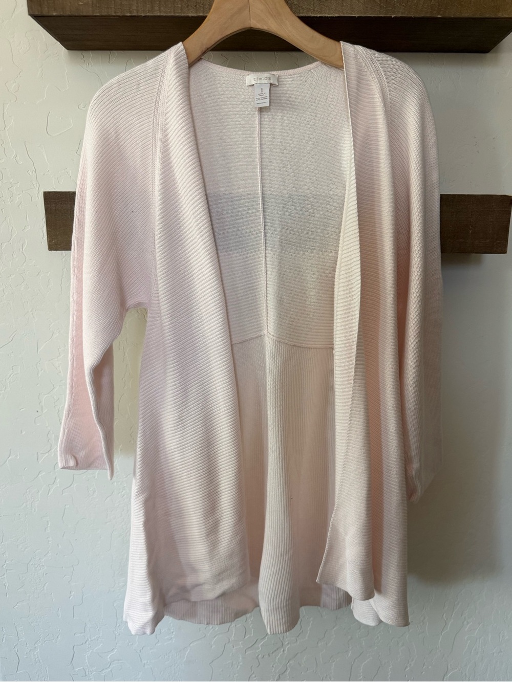 Chico's|Pale Pink Open-Front Ribbed Cardigan,cotton blend•••size Medium,Staple